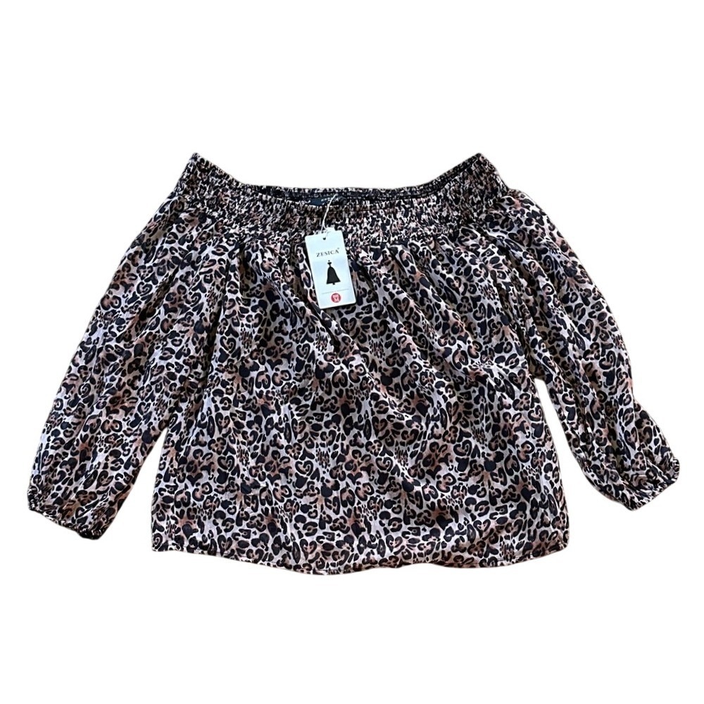 ZESICA Womens‎ Leopard Animal Print Off The Shoulder Smocked Puff Sleeve Top M